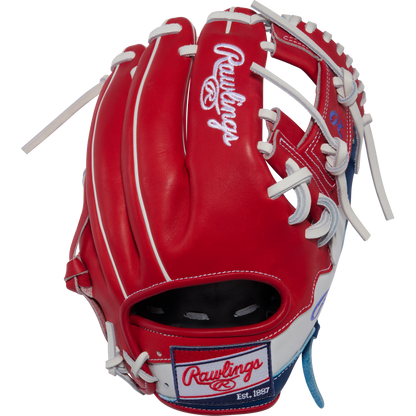 The Rawlings Heart of the Hide 11.5" Baseball Glove (PROR204-2SRW), RGGC July 2026, features red leather with white and blue accents, white laces, an embroidered Rawlings logo, and a "Rawlings Est. 1887" patch—ideal for infield play.