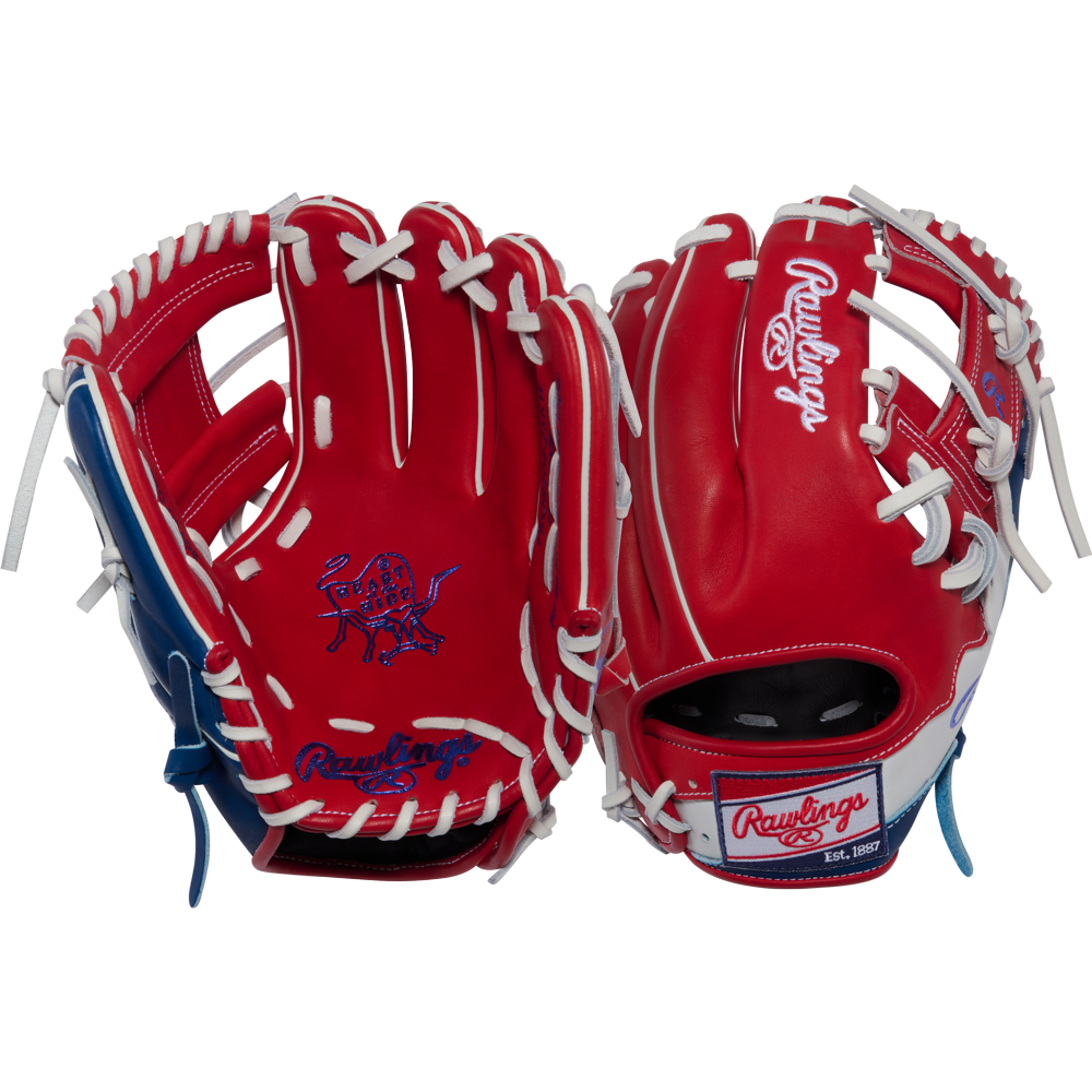 Two red Rawlings Heart of the Hide 11.5" baseball gloves (model PROR204-2SRW) with white laces and blue accents are shown, featuring a pirate logo on the front and the Rawlings logo with wrist strap on the back.