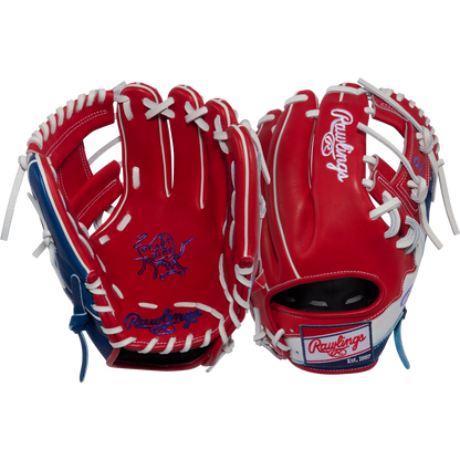 Two red Rawlings Heart of the Hide 11.5" baseball gloves (model PROR204-2SRW) with white laces and blue accents are shown, featuring a pirate logo on the front and the Rawlings logo with wrist strap on the back.
