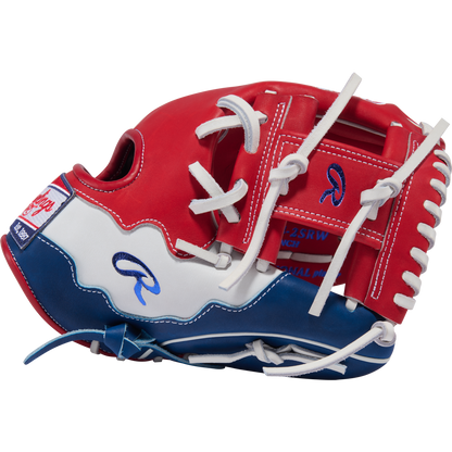 The Rawlings Heart of the Hide 11.5" Baseball Glove (PROR204-2SRW) features a red, white, and blue design with white laces and logos on the side and wrist strap, displayed against a plain white background.