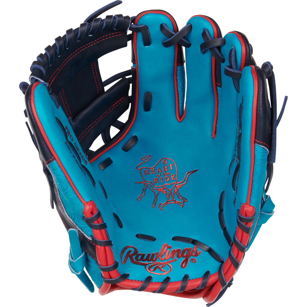 The Rawlings Heart of the Hide 11.5" Color Sync Baseball Glove (PROR204-2TE) features turquoise and navy leather, red stitching, black laces, and the iconic Heart of the Hide logo embossed on the palm—an exclusive from Rawlings.