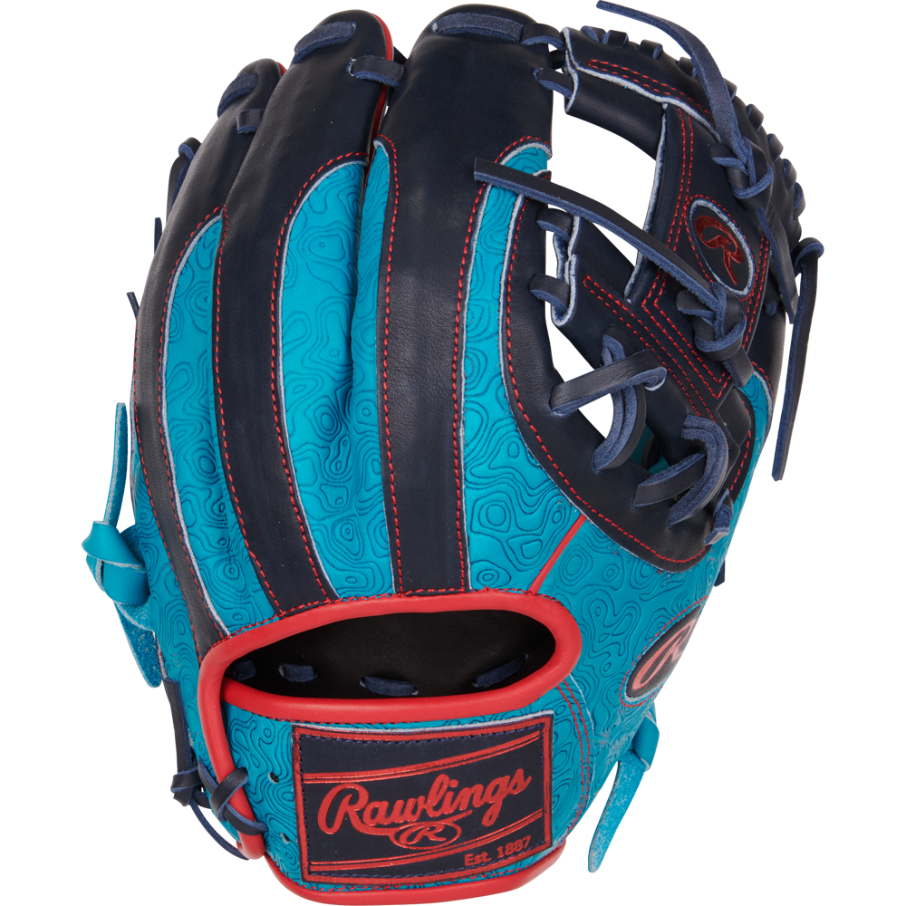 The Rawlings Heart of the Hide 11.5" Color Sync Baseball Glove (PROR204-2TE) features turquoise and navy leather with red trim, swirl patterns, and dark laces, displayed on a white background.