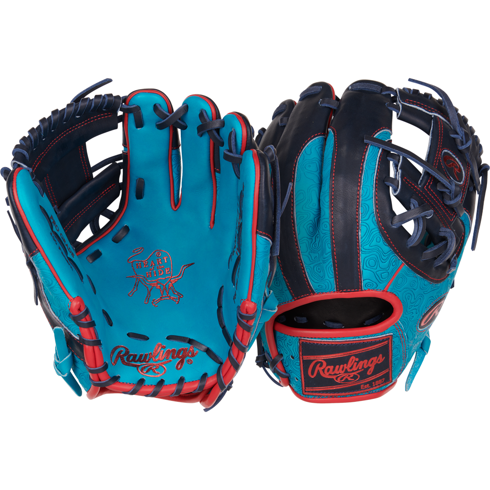 Two Rawlings Heart of the Hide 11.5" Color Sync Baseball Gloves (PROR204-2TE) in teal and black with red accents are displayed front and back, highlighting decorative stitching, unique patterns, and signature ColorSync detailing.