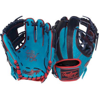 Two Rawlings Heart of the Hide 11.5" Color Sync Baseball Gloves (PROR204-2TE) in teal and black with red accents are displayed front and back, highlighting decorative stitching, unique patterns, and signature ColorSync detailing.