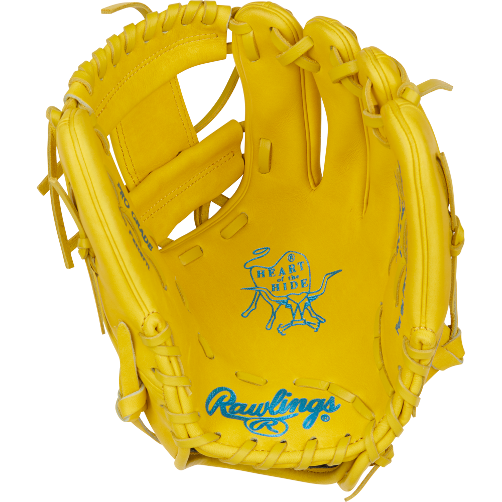 The Rawlings Heart of the Hide 11.5" Color Sync Baseball Glove (PROR204-2Y) features bright yellow leather, a blue bull logo on the palm, and bold blue Rawlings branding near the wrist.