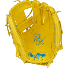 The Rawlings Heart of the Hide 11.5" Color Sync Baseball Glove (PROR204-2Y) features bright yellow leather, a blue bull logo on the palm, and bold blue Rawlings branding near the wrist.