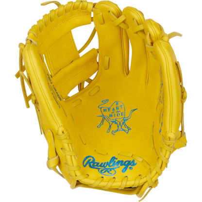 The Rawlings Heart of the Hide 11.5" Color Sync Baseball Glove (PROR204-2Y) features bright yellow leather, a blue bull logo on the palm, and bold blue Rawlings branding near the wrist.