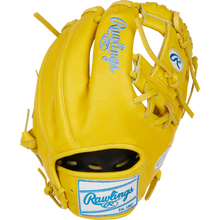 The Rawlings Heart of the Hide 11.5" Color Sync Baseball Glove (PROR204-2Y) features a bright yellow design, blue Rawlings logos and stitching, an open web, and an adjustable wrist strap for infield use.