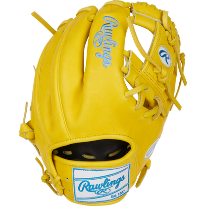 The Rawlings Heart of the Hide 11.5" Color Sync Baseball Glove (PROR204-2Y) features a bright yellow design, blue Rawlings logos and stitching, an open web, and an adjustable wrist strap for infield use.