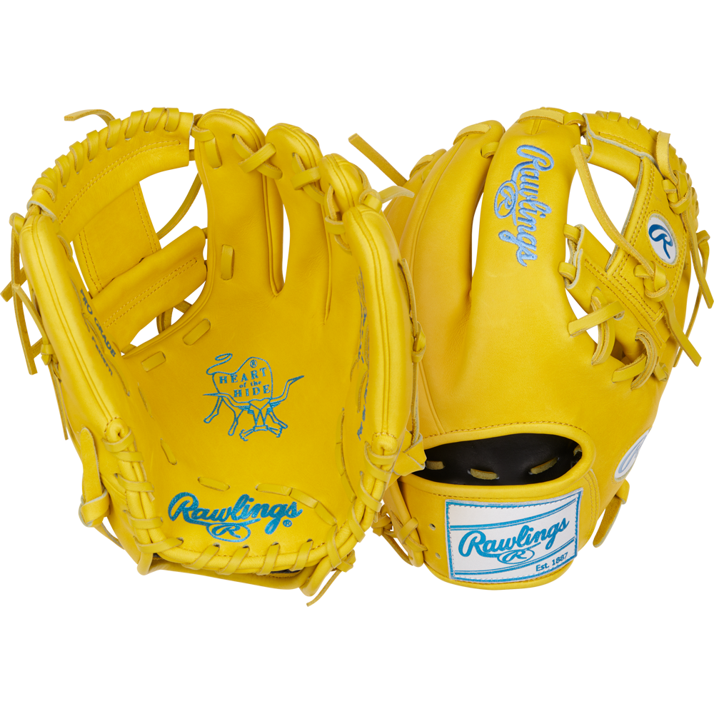 A pair of Rawlings Heart of the Hide 11.5" Color Sync baseball gloves (PROR204-2Y) in bright yellow are shown, with one displaying the palm and the other the back, both featuring blue ColorSync logos and stitching accents.