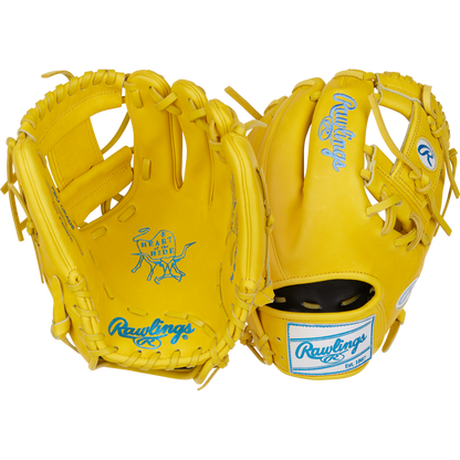 A pair of Rawlings Heart of the Hide 11.5" Color Sync baseball gloves (PROR204-2Y) in bright yellow are shown, with one displaying the palm and the other the back, both featuring blue ColorSync logos and stitching accents.