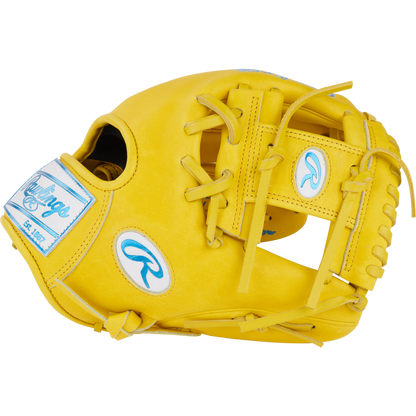 The Rawlings Heart of the Hide 11.5" Color Sync Baseball Glove (PROR204-2Y) features a bright yellow design with blue and white Rawlings logos, visible laces, and an open web, displayed on a plain white background.