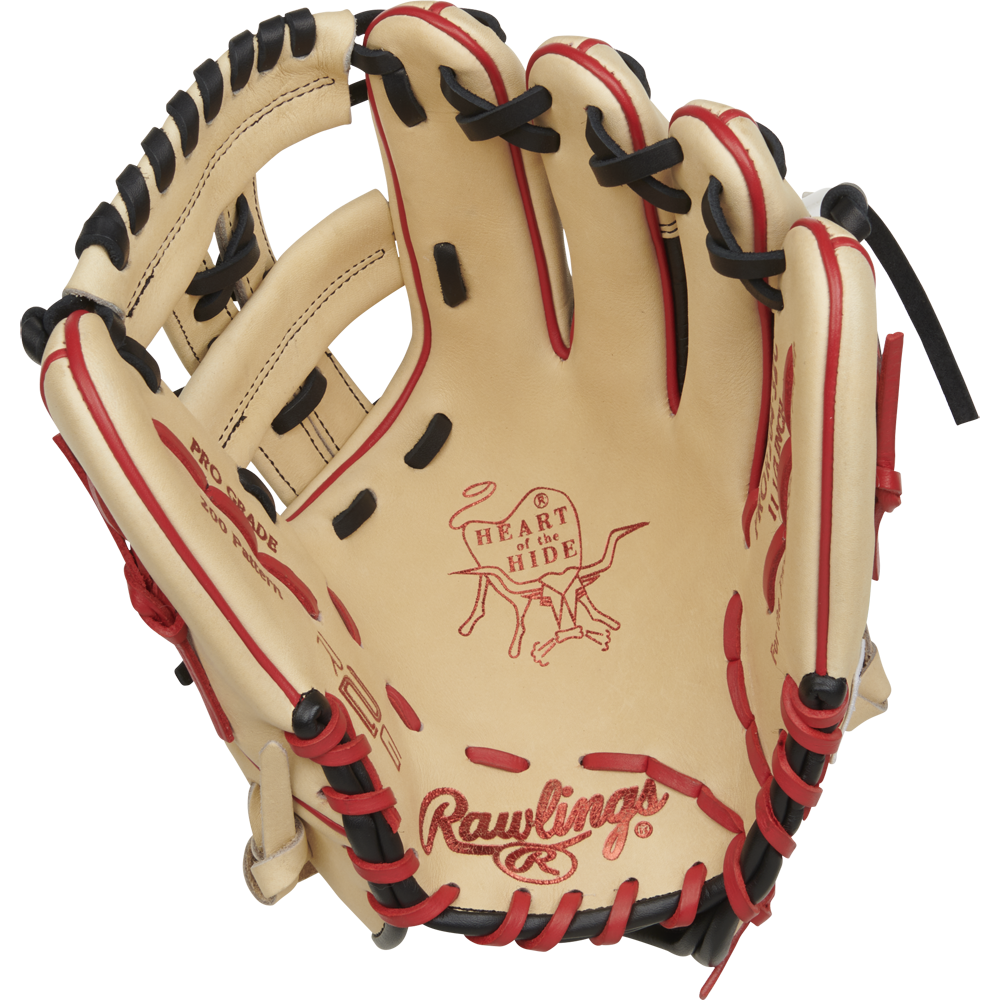 The Rawlings Heart of the Hide 11.5" Baseball Glove (RPROR204-32C) is shown from the palm side, displaying its tan and red design, black laces, and open web against a white background.