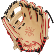 The Rawlings Heart of the Hide 11.5" Baseball Glove (RPROR204-32C) is shown from the palm side, displaying its tan and red design, black laces, and open web against a white background.