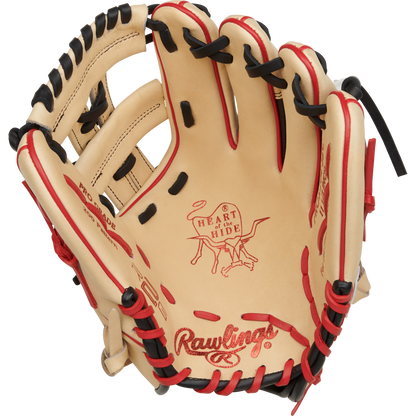 The Rawlings Heart of the Hide 11.5" Baseball Glove (RPROR204-32C) is shown from the palm side, displaying its tan and red design, black laces, and open web against a white background.
