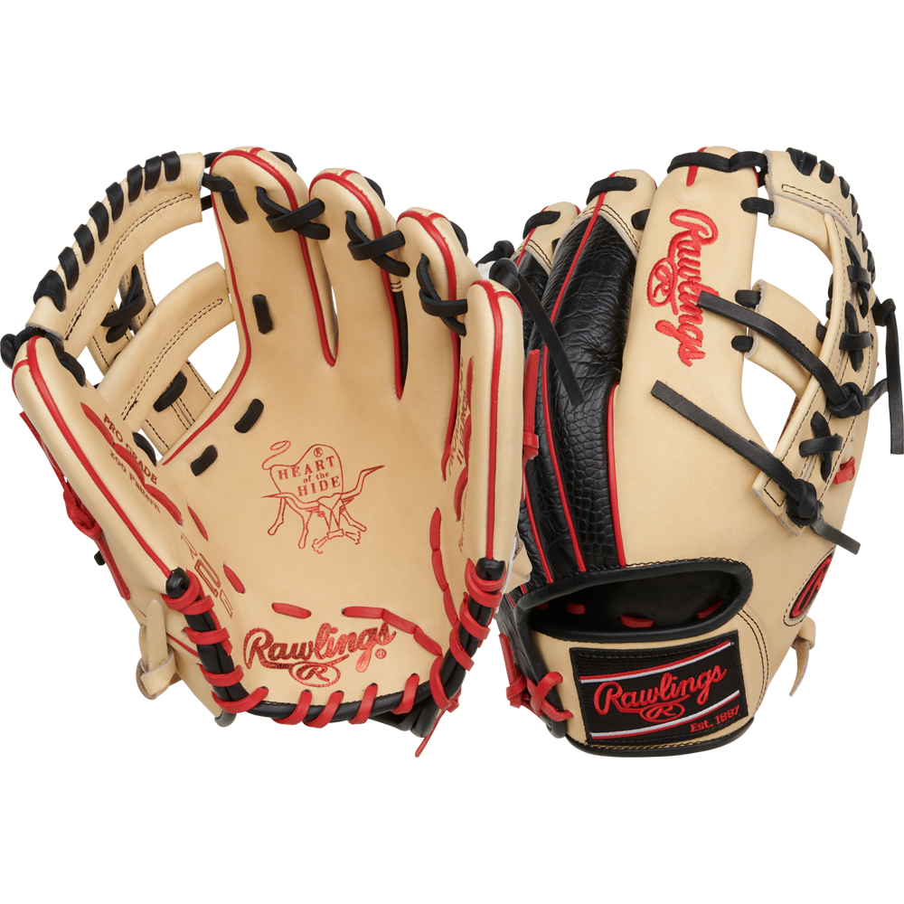 Two tan Rawlings Heart of the Hide 11.5" Baseball Gloves (RPROR204-32C) are displayed, one showing the palm and the other the back, both with black and red lacing plus Rawlings logo and "Heart of the Hide" branding.