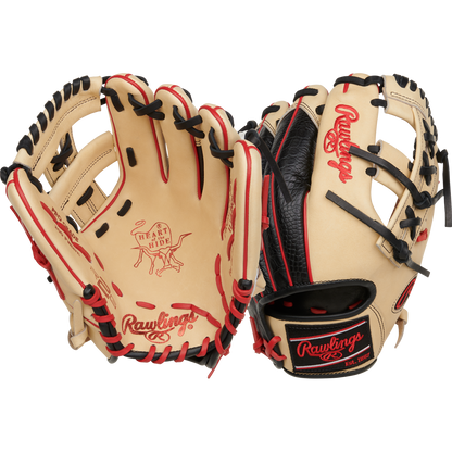 Two tan Rawlings Heart of the Hide 11.5" Baseball Gloves (RPROR204-32C) are displayed, one showing the palm and the other the back, both with black and red lacing plus Rawlings logo and "Heart of the Hide" branding.