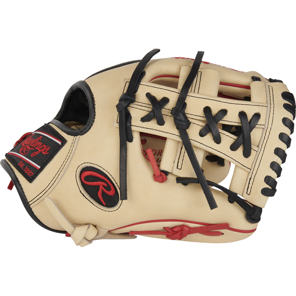 The Rawlings Heart of the Hide 11.5" Baseball Glove (RPROR204-32C) features a bold red and black logo, making it an ideal infield glove.