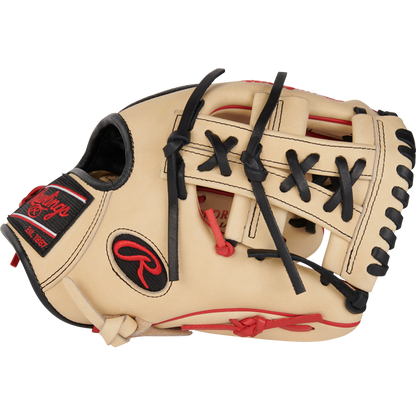 The Rawlings Heart of the Hide 11.5" Baseball Glove (RPROR204-32C) features a bold red and black logo, making it an ideal infield glove.