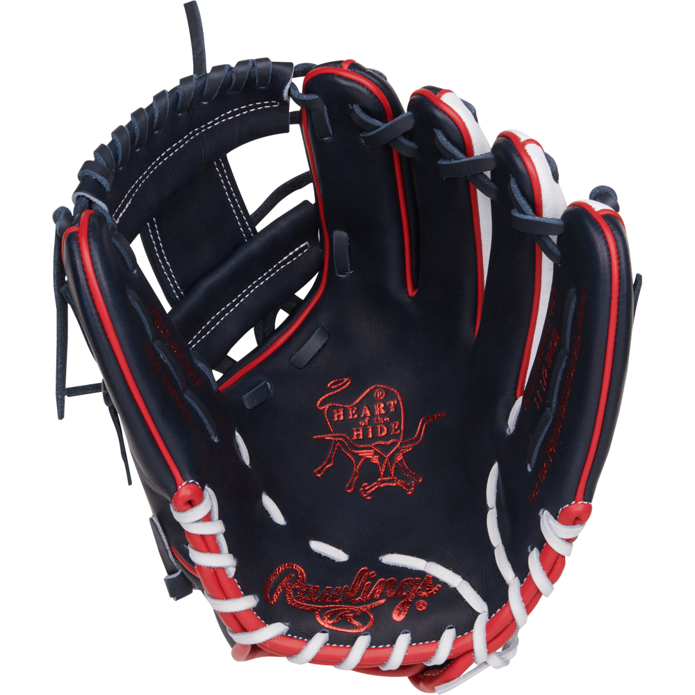 The Rawlings Heart of the Hide ContoUR 11.5" Baseball Glove (PROR204U-2N) features navy blue leather, red and white laces, detailed palm and thumb stitching, and the signature Heart of the Hide logo.