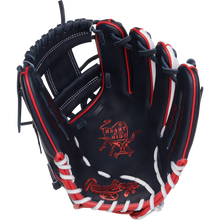 The Rawlings Heart of the Hide ContoUR 11.5" Baseball Glove (PROR204U-2N) features navy blue leather, red and white laces, detailed palm and thumb stitching, and the signature Heart of the Hide logo.