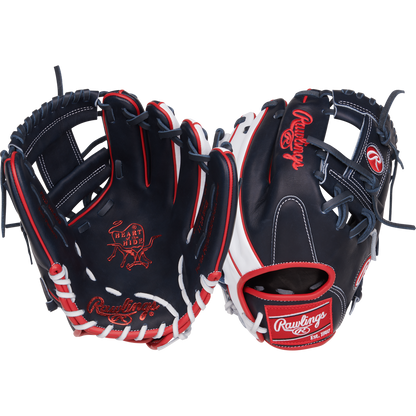 Two Rawlings Heart of the Hide ContoUR 11.5" Baseball Gloves (PROR204U-2N) in navy blue with red, white, and black accents are displayed side by side, showing both palm and back with prominent Rawlings logos.