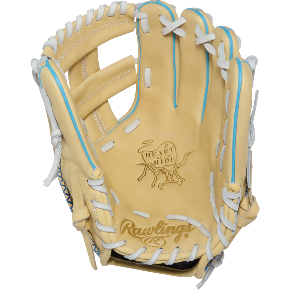 A tan Rawlings Heart of the Hide 11.5″ Baseball Glove (PROR204W-1CCB) with white and blue laces features visible Rawlings branding and the Heart of the Hide logo on the palm. The open, upward-facing glove showcases its premium R2G construction and craftsmanship.