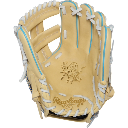 A tan Rawlings Heart of the Hide 11.5″ Baseball Glove (PROR204W-1CCB) with white and blue laces features visible Rawlings branding and the Heart of the Hide logo on the palm. The open, upward-facing glove showcases its premium R2G construction and craftsmanship.