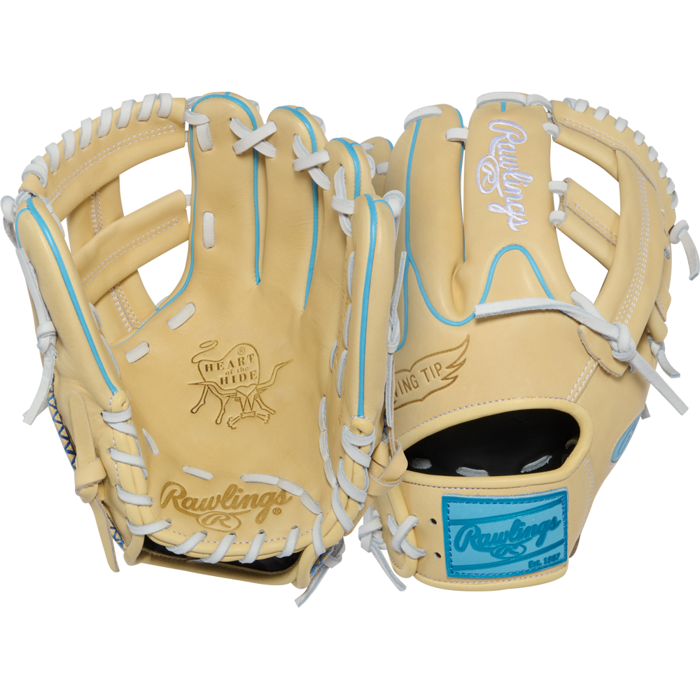 Two tan Rawlings Heart of the Hide 11.5″ baseball gloves (model PROR204W-1CCB) with white laces and blue accents, displaying both the palm and back sides. These gloves feature R2G branding.