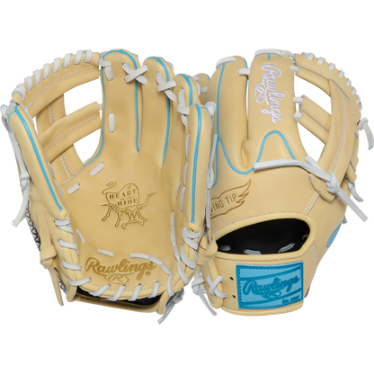 Two tan Rawlings Heart of the Hide 11.5″ baseball gloves (model PROR204W-1CCB) with white laces and blue accents, displaying both the palm and back sides. These gloves feature R2G branding.