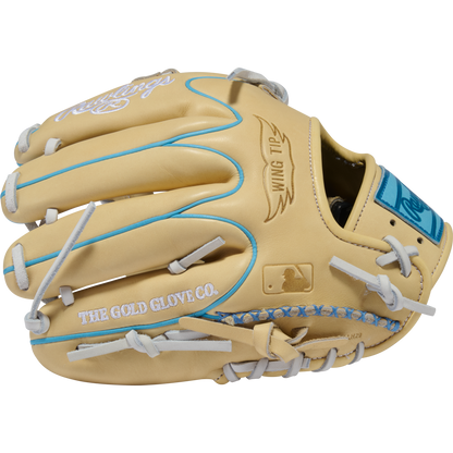 A new Rawlings Heart of the Hide 11.5″ Baseball Glove (Model PROR204W-1CCB) is shown from the top, featuring a tan design with blue stitching, silver laces, and “THE GOLD GLOVE CO.” text on the side.