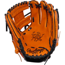 A Rawlings Heart of the Hide 11.5" Baseball Glove (PROR204W-2OO) in orange with black lacing, featuring the Heart of the Hide logo and detailed stitching visible inside.