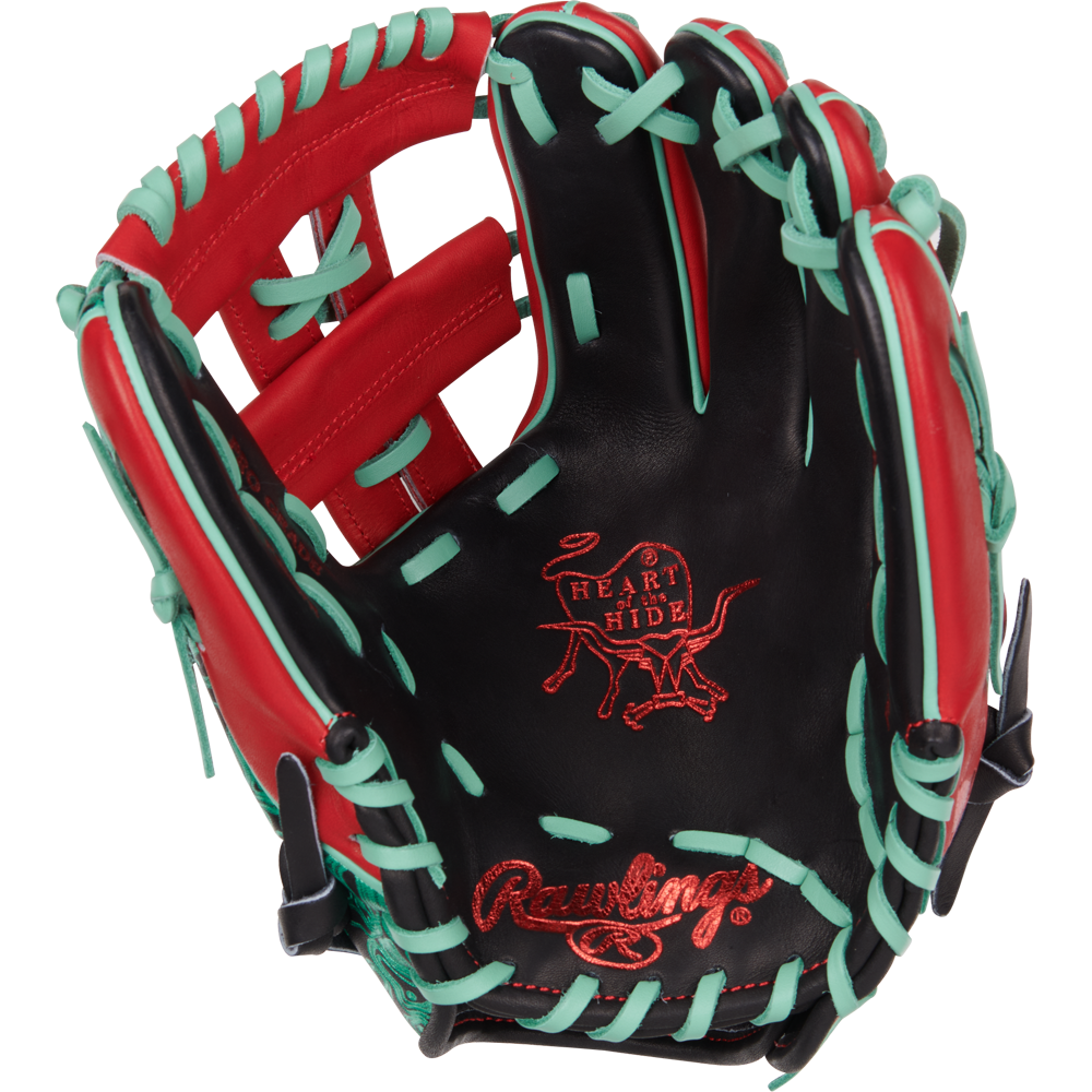 The Rawlings Heart of the Hide 11.5" Color Sync Baseball Glove (PROR204W-32BS) features black leather, red and teal laces, and a red-stitched logo on the palm—premium design ideal for infielders. Brand: Rawlings.