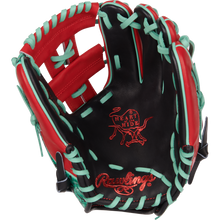 The Rawlings Heart of the Hide 11.5" Color Sync Baseball Glove (PROR204W-32BS) features black leather, red and teal laces, and a red-stitched logo on the palm—premium design ideal for infielders. Brand: Rawlings.