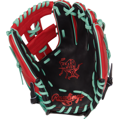 The Rawlings Heart of the Hide 11.5" Color Sync Baseball Glove (PROR204W-32BS) features black leather, red and teal laces, and a red-stitched logo on the palm—premium design ideal for infielders. Brand: Rawlings.