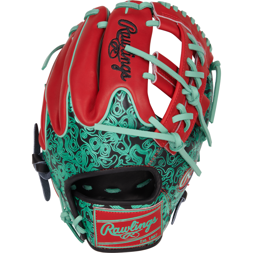 The Rawlings Heart of the Hide 11.5" Color Sync Baseball Glove (PROR204W-32BS) features red and teal colors, teal laces, stylish teal and black patterns, and signature Rawlings branding on the wrist strap and back.