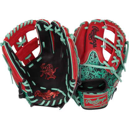 Two Rawlings Heart of the Hide 11.5" Color Sync Baseball Gloves (PROR204W-32BS) with red, black, and mint green designs, mint green laces, and logos on palm and wrist—perfect elite infield gloves.
