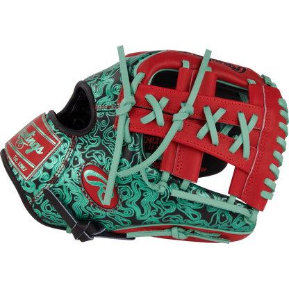 The Rawlings Heart of the Hide 11.5" Color Sync Glove (PROR204W-32BS) features a black base, swirling green patterns, red laces and web, plus light blue and red accents. Rawlings branding appears on the side of this bold glove design.