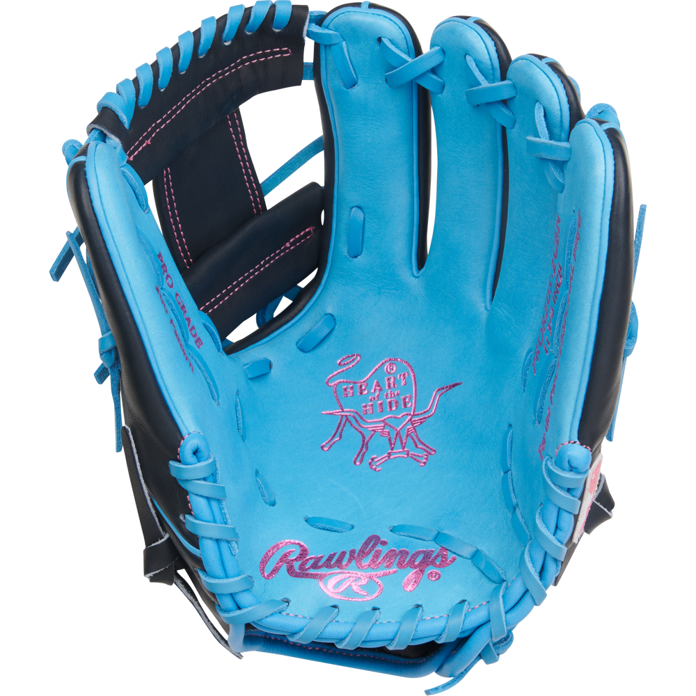 The Rawlings Heart of the Hide 11.75" Baseball Glove (PROR205-2CBN) features bright blue leather, black and pink accents with pink stitching, and Rawlings branding—an ideal infield glove for standout style and performance.