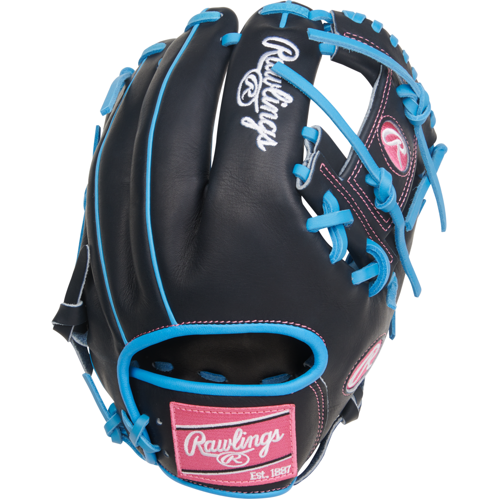 The Rawlings Heart of the Hide 11.75" Baseball Glove (PROR205-2CBN) features a black design with light blue laces and accents, pink Rawlings logo patches, and white embroidered branding.