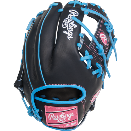 The Rawlings Heart of the Hide 11.75" Baseball Glove (PROR205-2CBN) features a black design with light blue laces and accents, pink Rawlings logo patches, and white embroidered branding.