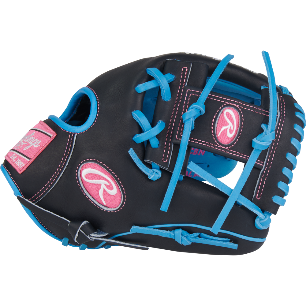 A Rawlings Heart of the Hide 11.75" Baseball Glove (PROR205-2CBN) in black, featuring bright blue laces and pink Rawlings logos and accents, is displayed against a plain white background.