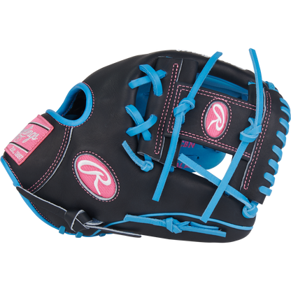 A Rawlings Heart of the Hide 11.75" Baseball Glove (PROR205-2CBN) in black, featuring bright blue laces and pink Rawlings logos and accents, is displayed against a plain white background.