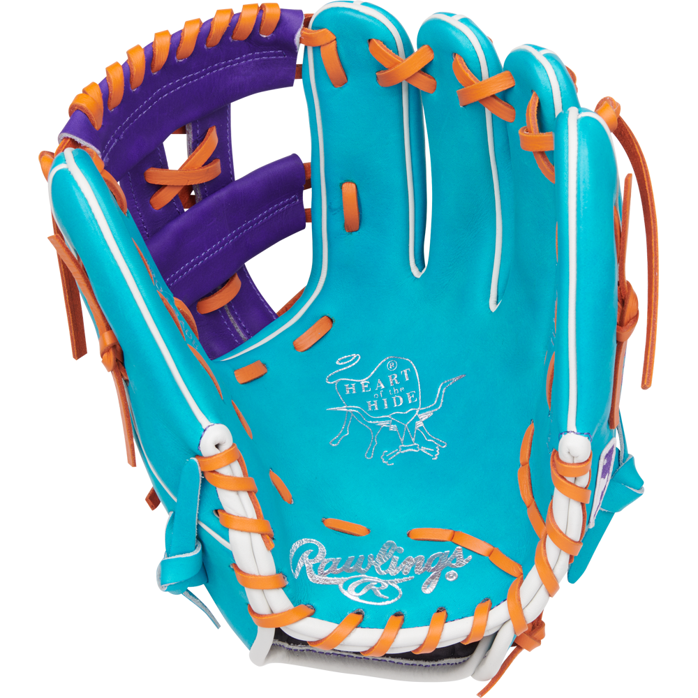 The Rawlings Heart of the Hide 11.75" Baseball Glove (PROR205-32TEP) features a turquoise shell, orange and white laces, a purple interior, and iconic branding on the palm.
