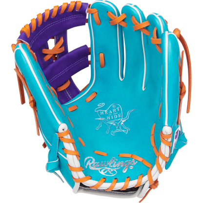 The Rawlings Heart of the Hide 11.75" Baseball Glove (PROR205-32TEP) features a turquoise shell, orange and white laces, a purple interior, and iconic branding on the palm.