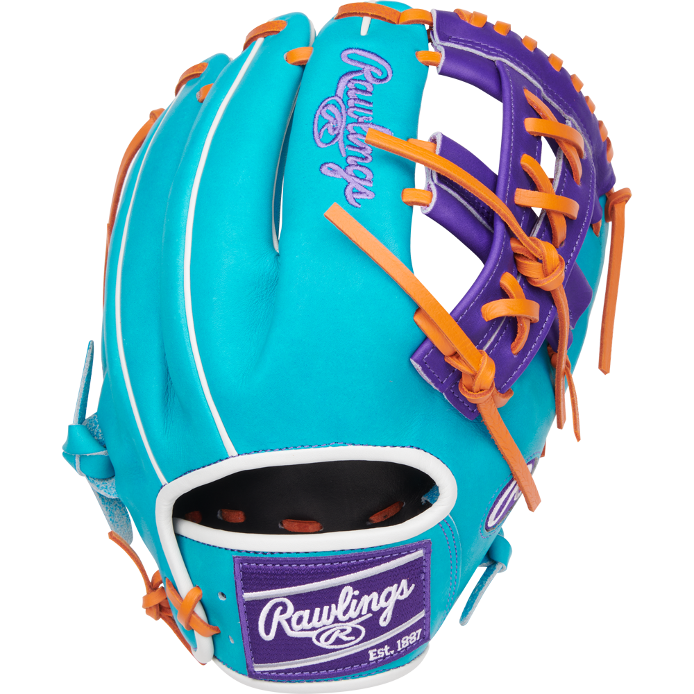 The Rawlings Heart of the Hide 11.75" Baseball Glove (PROR205-32TEP) features turquoise and purple leather, orange laces, white stitching, and signature logos—ideal for top infield performance.