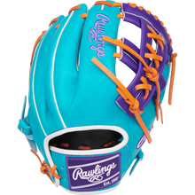The Rawlings Heart of the Hide 11.75" Baseball Glove (PROR205-32TEP) features turquoise and purple leather, orange laces, white stitching, and signature logos—ideal for top infield performance.