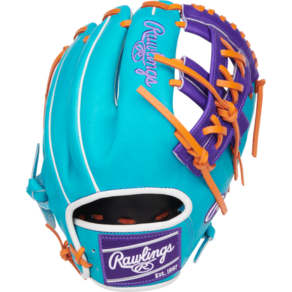 The Rawlings Heart of the Hide 11.75" Baseball Glove (PROR205-32TEP) features turquoise and purple leather, orange laces, white stitching, and signature logos—ideal for top infield performance.