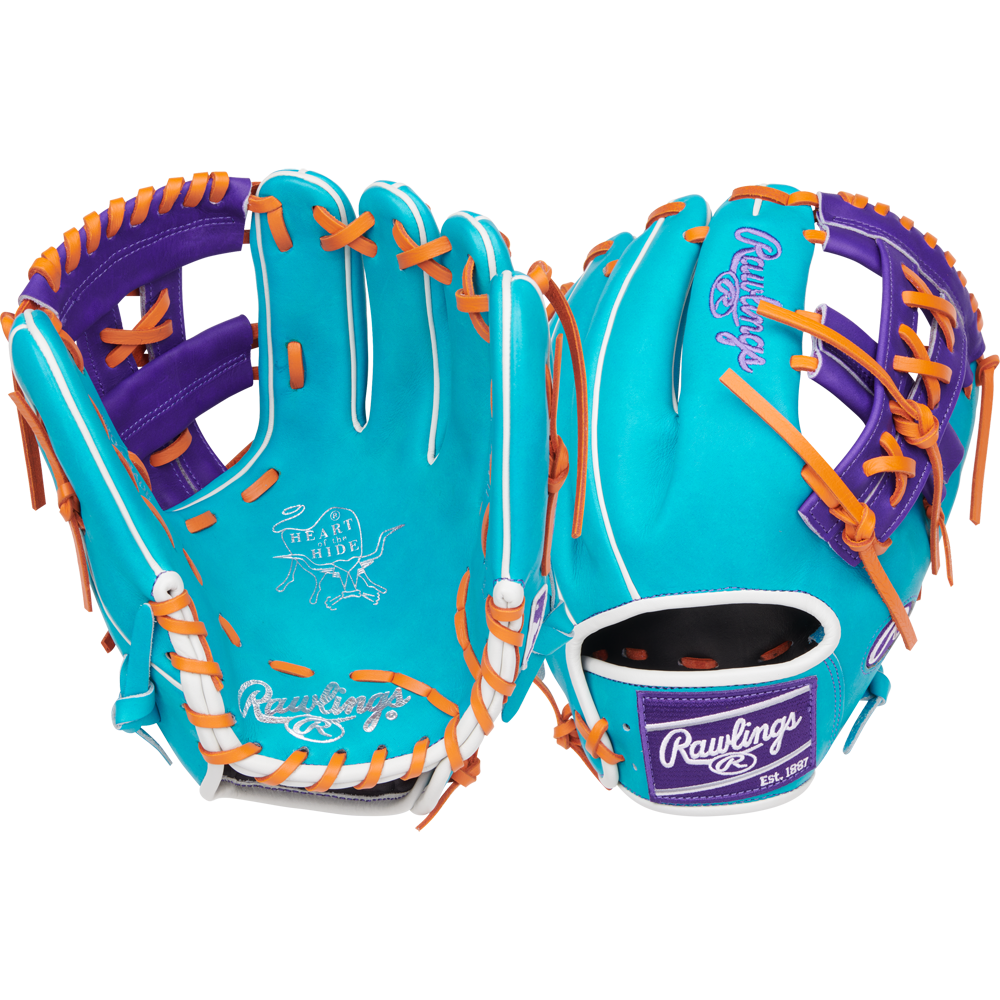 Two turquoise Rawlings Heart of the Hide 11.75" RGGC April 2025 PROR205-32TEP baseball gloves, with orange and white laces and purple accents, are displayed front and back on a white background.