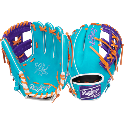Two turquoise Rawlings Heart of the Hide 11.75" RGGC April 2025 PROR205-32TEP baseball gloves, with orange and white laces and purple accents, are displayed front and back on a white background.